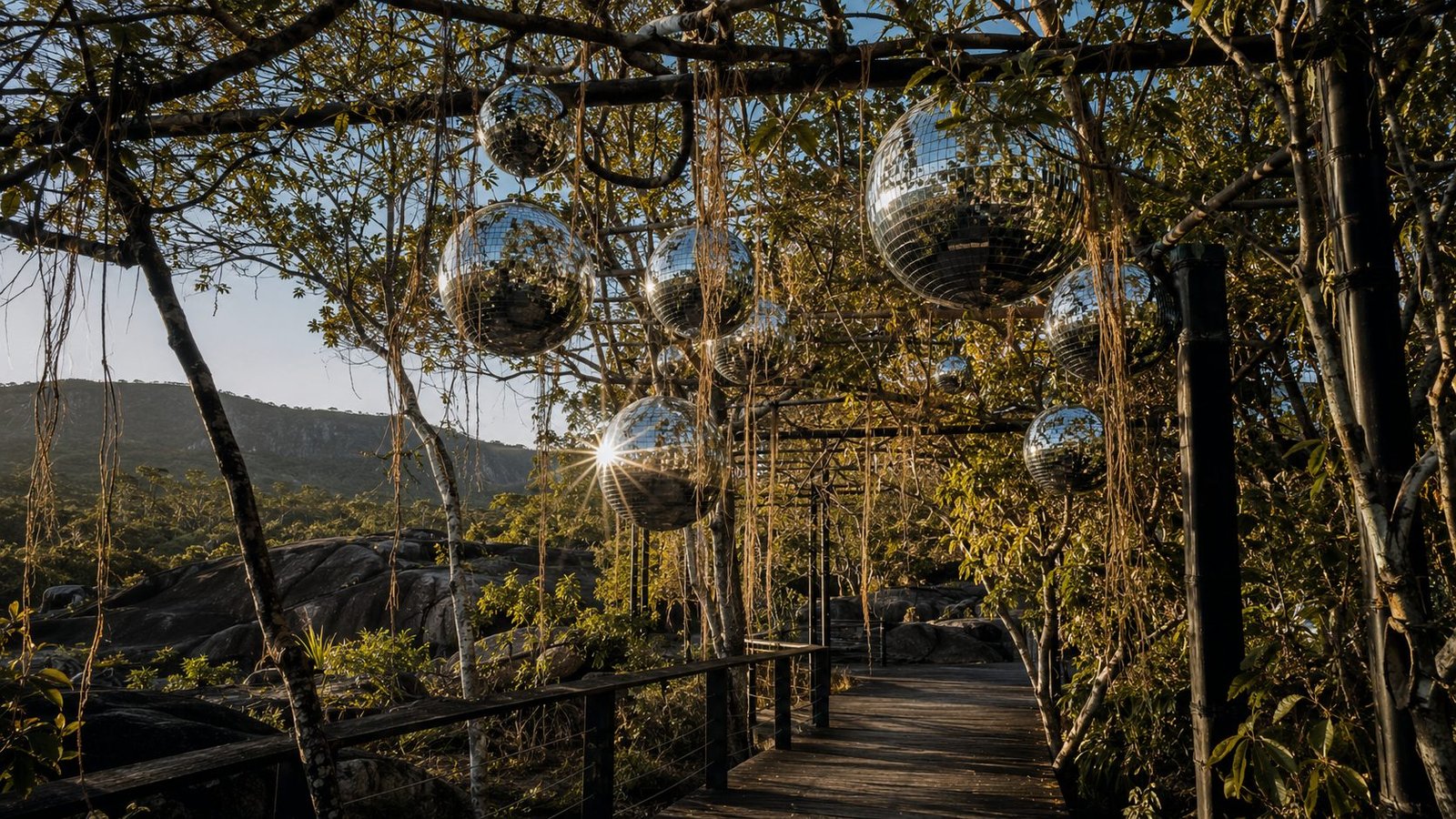 Passarela de madeira entre a mata com esferas espelhadas
