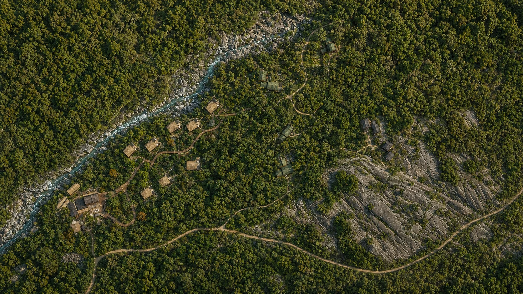 Vista aérea cinematográfica das paisagens Safari, Mata e Pedra do hotel de bangalôs