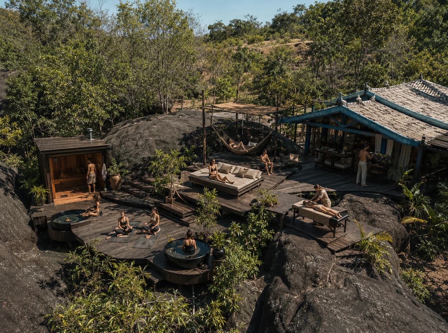 Vista aérea do Wellness Club com yoga, massagens, sauna e banhos entre as rochas