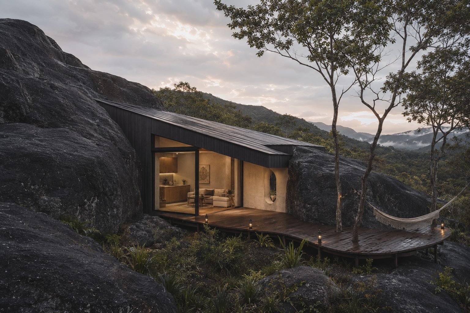Villa ao anoitecer com deck, espelho d'água e vista para a serra