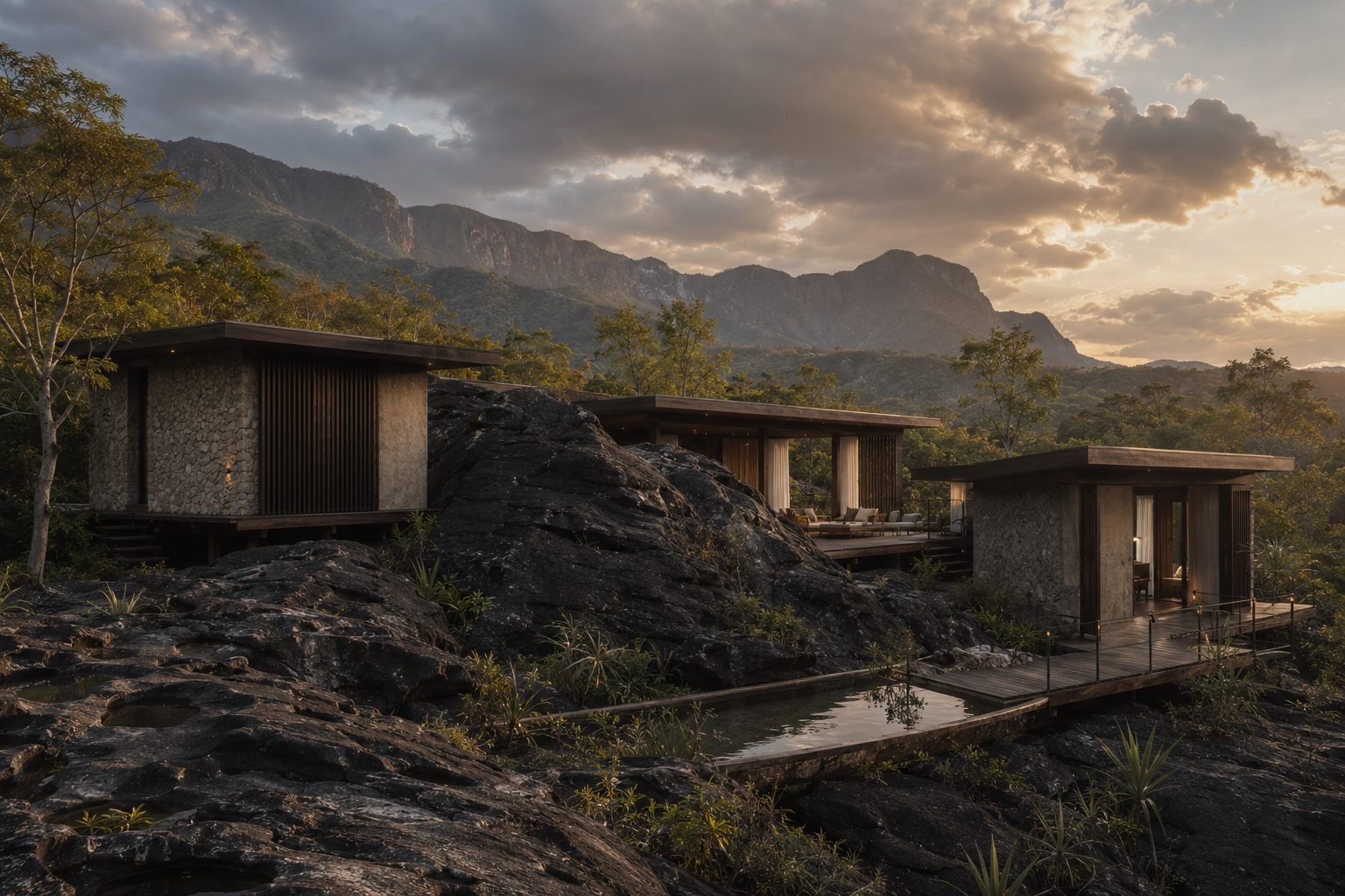 Villa encaixada na fenda da rocha, com deck e rede