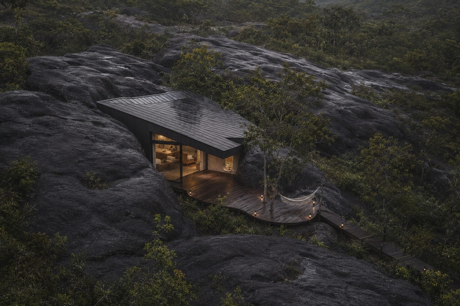 Conjunto de vilas em pedra e madeira sobre o afloramento