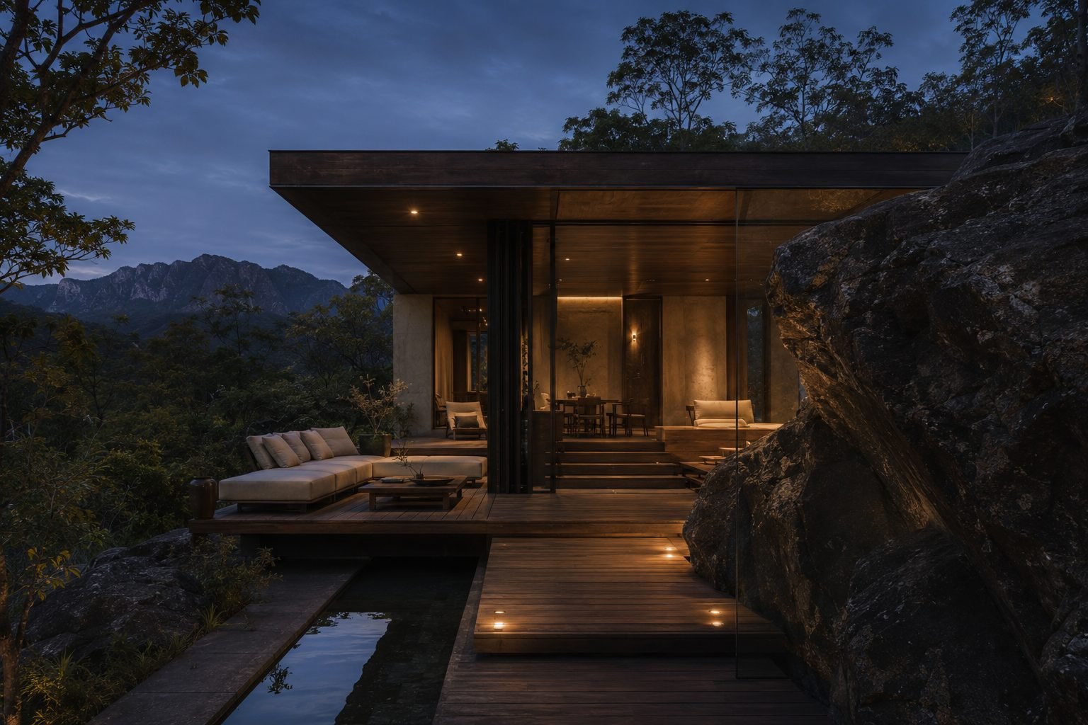 Villa com cobertura escura apoiada na rocha, ao amanhecer