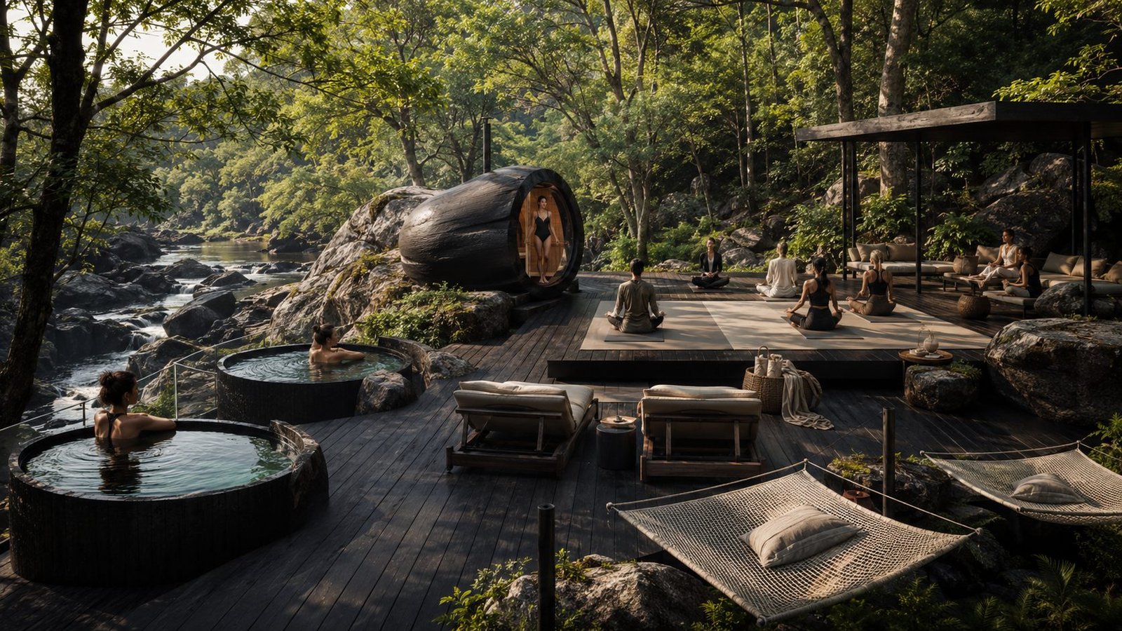 Deck de wellness com ofurôs e sauna junto ao rio