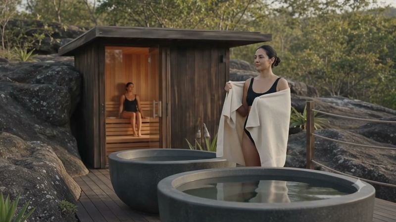 Sauna de madeira e banheiras de gelo sobre a pedra