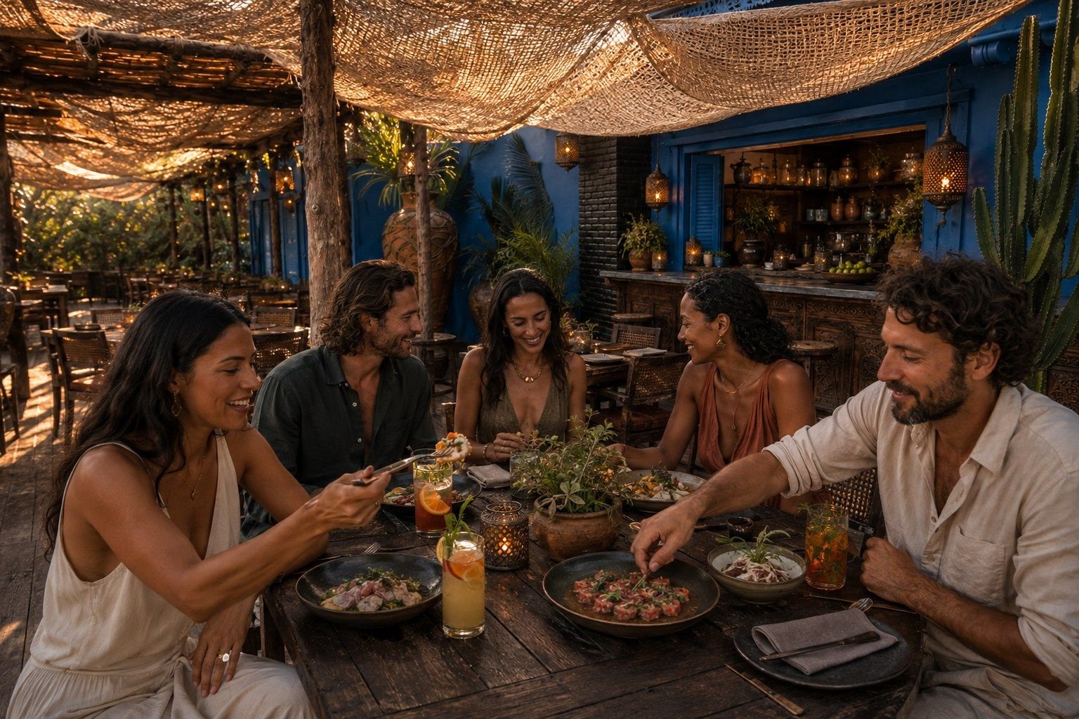 Jantar sob luz dourada na casa azul