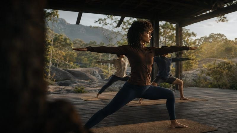 Yoga no deck ao amanhecer