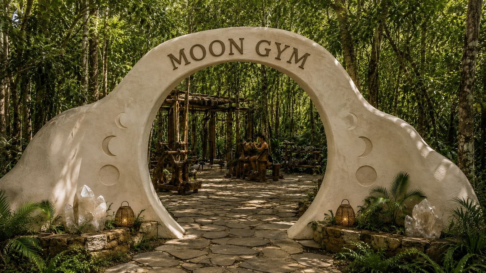 Portal em pedra com a inscrição Moon Gym, na entrada da academia na mata